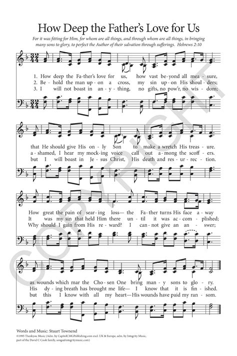 How Deep the Father's Love for Us. Stuart Townend/arr. Rouse - PraiseGathering Music Group. This contemporary arrangement is one your choir will enjoy. The graceful melody and long lines are beautiful to sing, and share a deep message of Love for the Lenten season. Preview. 